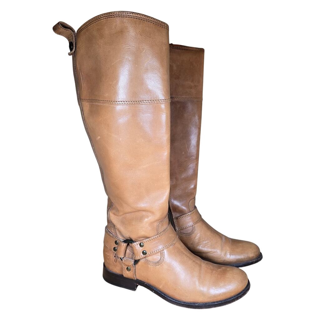 Frye Size 5.5 B Melissa Harness Inside Zipper Tall Boots Camel $438 MSRP